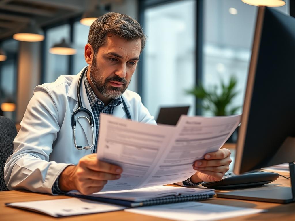 A close-up shot of a healthcare professional reviewing medical billing documents, with a focused expression, sitting at a desk with a computer in the background. The setting is a modern office with warm lighting, and the overall tone is professional and efficient. The image should reflect a sense of diligence and commitment to financial accuracy in the healthcare sector, compatible with the primary color #062767.