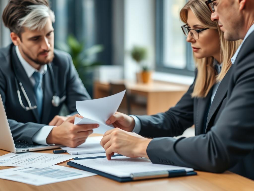 A focused close-up of a mental health professional discussing claims processing with a financial expert, with documents and a laptop in view, creating a professional atmosphere, shot with a 45mm f/1.2 lens.