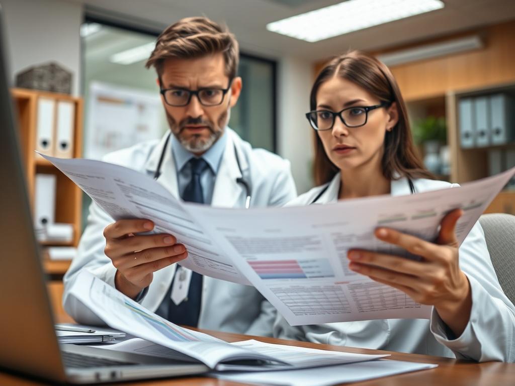 A professional mental health office scene showing a mental health practitioner analyzing financial reports with a concerned expression, emphasizing analysis and strategy, shot with a 45mm f/1.2 lens.