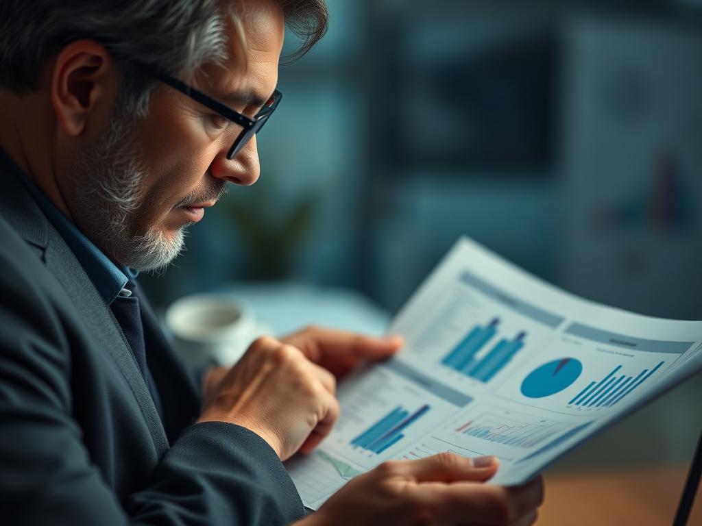A close-up shot of a focused mental health professional analyzing financial documents and charts, with a thoughtful expression. The background is softly blurred, emphasizing the subject in sharp detail, using a hyper-realistic style. The overall color tone is in harmony with the primary color #062767, creating a professional and calming atmosphere.