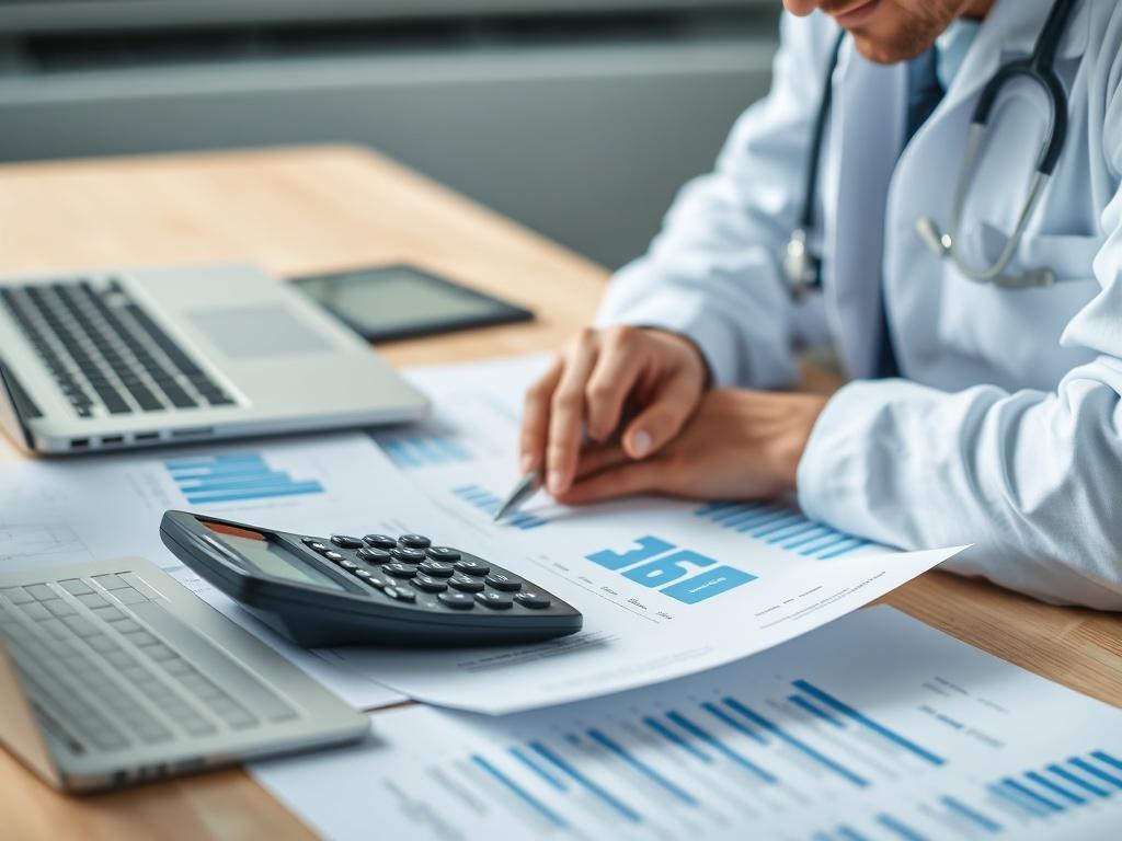 A close-up shot of a healthcare professional analyzing financial documents on a desk, with a calculator and a laptop open, focusing on graphs and charts related to compensation rates. The background should be softly blurred, emphasizing the subject while reflecting a professional and organized workspace. The lighting should be bright and inviting, highlighting the details on the documents and the focused expression of the professional.