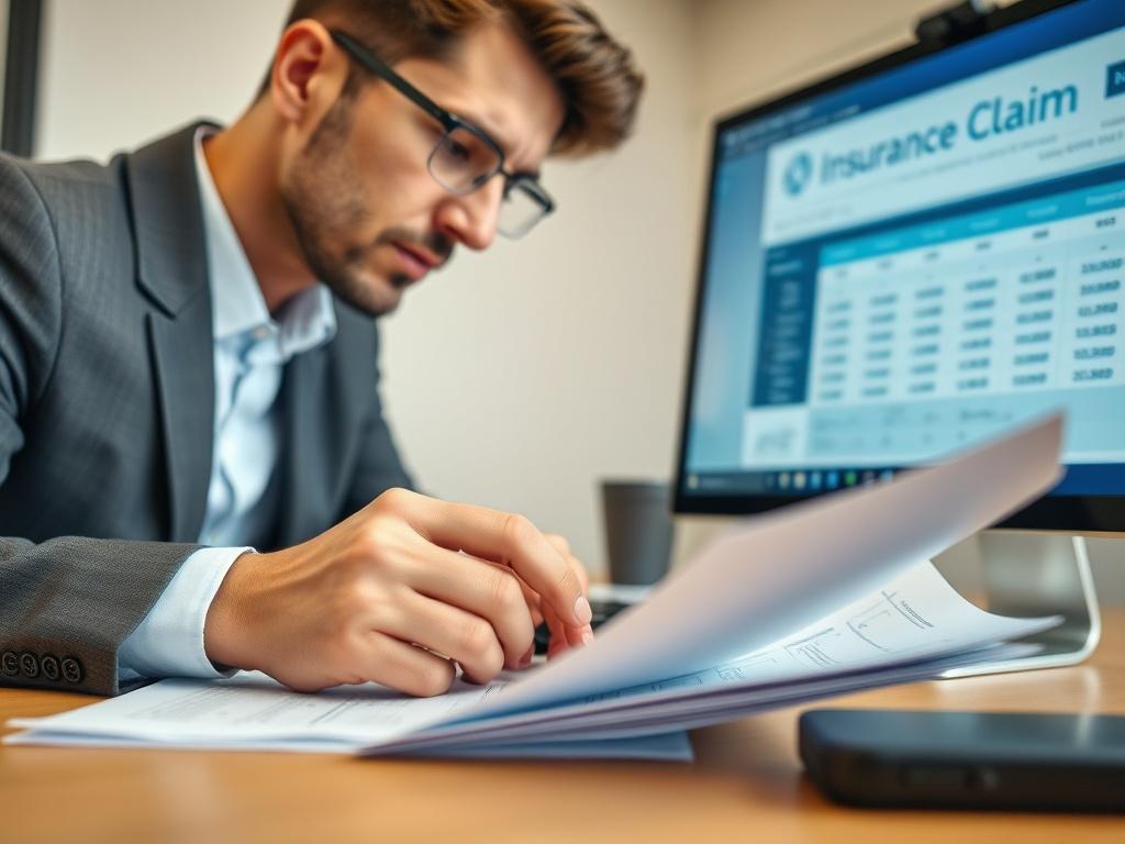 A close-up shot of a focused professional reviewing documents on a desk, with a computer screen displaying insurance claim information in the background. The setting is a modern office with soft natural lighting. The subject is engaged in the task, highlighting the importance of attention to detail in handling financial matters. The background should be simple and uncluttered, emphasizing the professionalism and focus of the individual.