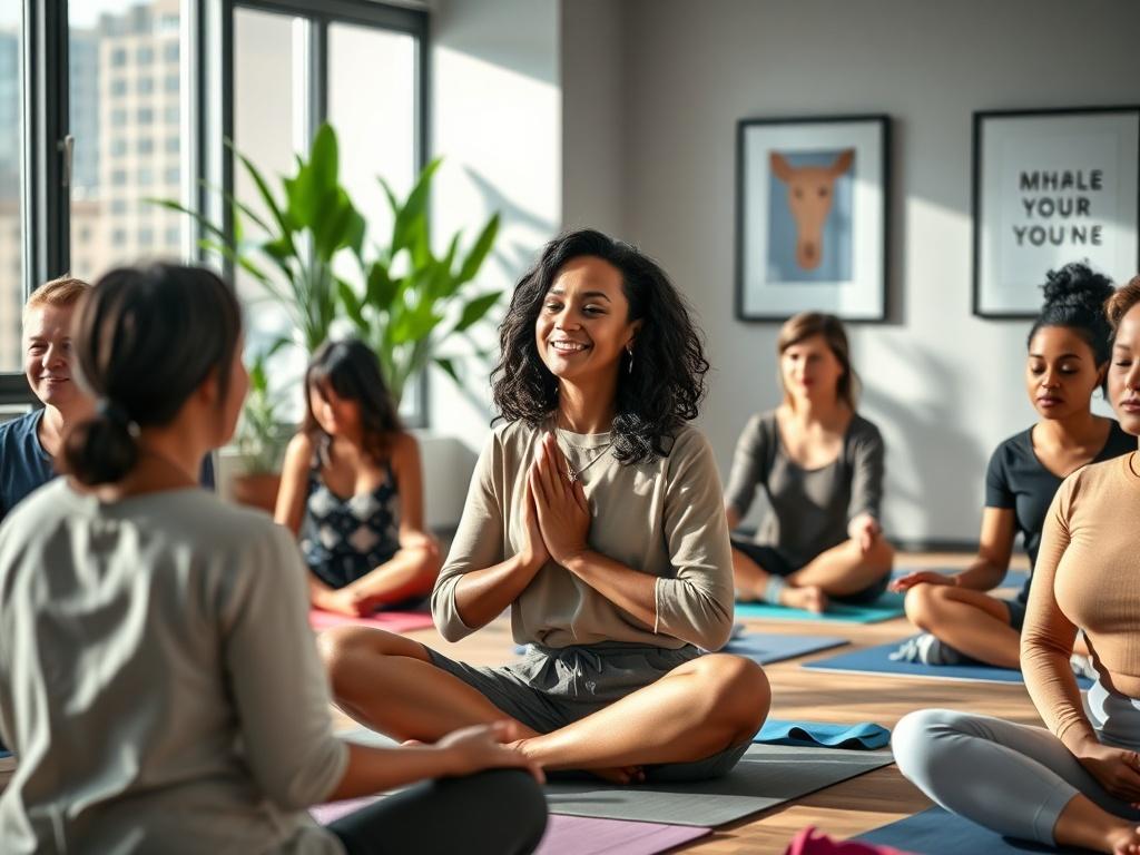 A high-resolution close-up shot of a diverse group of professionals engaged in a mindfulness workshop in a modern office setting. The focus is on a smiling facilitator leading a breathing exercise, with participants seated comfortably on yoga mats. The background features soft natural lighting filtering through large windows, plants in the corner, and motivational artwork on the walls. The color palette is calm and inviting, aligning with the rgb(222, 242, 237) primary color.
