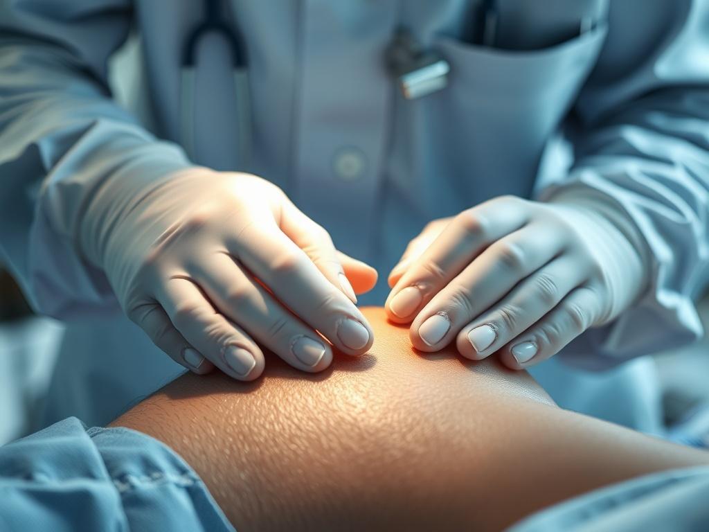 A close-up shot of a medical professional gently applying an allograft skin substitute onto a patient's wound. The setting is a well-lit, sterile clinical environment. The focus is on the hands of the healthcare provider and the allograft being placed, highlighting the texture and detail of the skin substitute. The background should be softly blurred to emphasize the action and the professional's commitment to patient care.