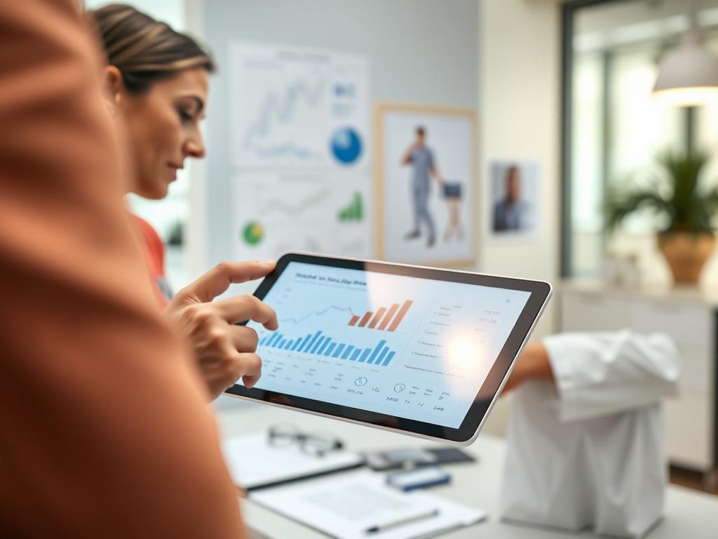 A close-up shot of a healthcare consultant discussing strategies with a physician in a modern office setting. The focus is on the consultant's hands gesturing towards a tablet displaying data analytics. The background should feature a well-organized workspace with medical charts and reports, signifying professionalism and collaboration in the healthcare consulting process.