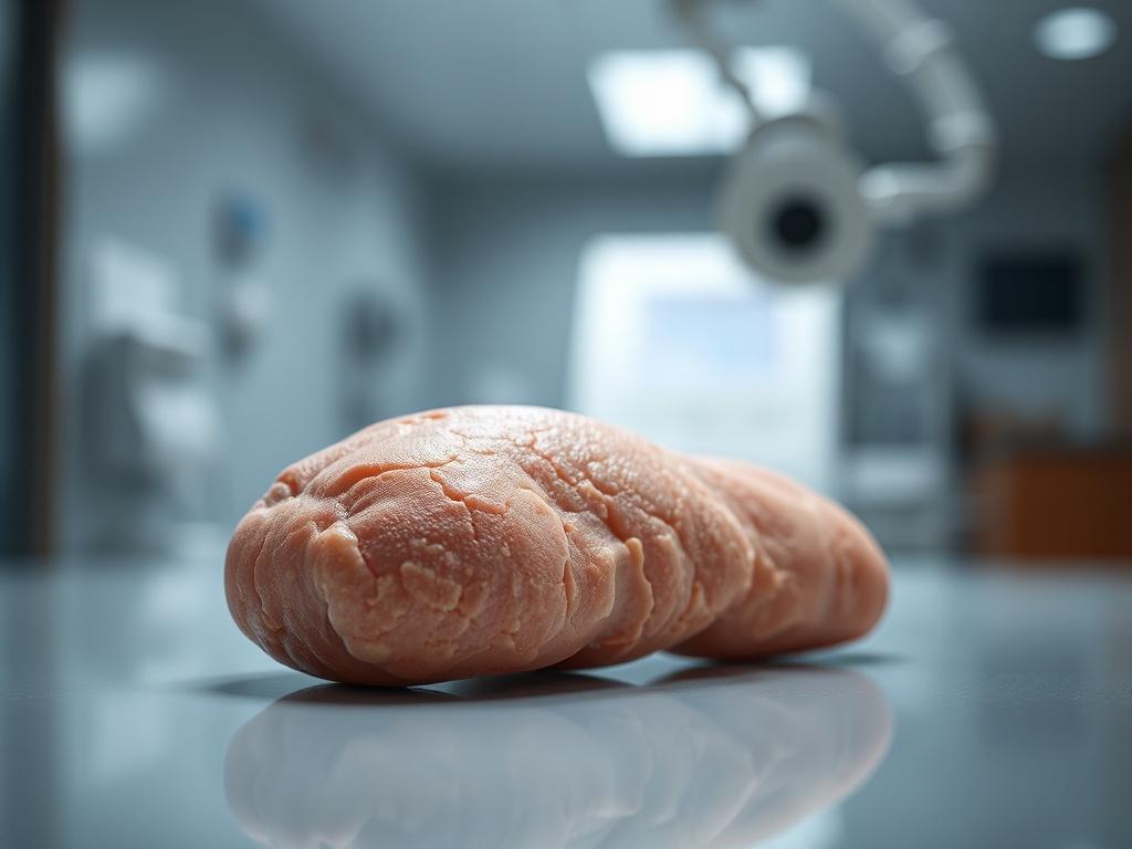 An elegant close-up shot of an allograft skin substitute displayed on a sterile surface, showcasing its texture and detail. The background is a softly blurred clinical setting, emphasizing the importance of quality and innovation in medical care. The lighting should highlight the natural color and properties of the allograft, evoking a sense of trust and professionalism.