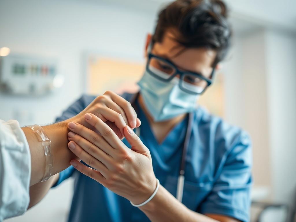 A close-up shot of a healthcare professional applying an advanced wound care dressing to a patient's arm. The setting is a well-lit clinic with soft colors, emphasizing a clean and sterile environment. The healthcare professional is focused on their task, showcasing professionalism and care. The image is captured with a 45mm f/1.2 lens, creating a shallow depth of field to highlight the details of the wound care process.
