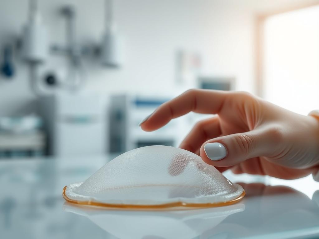 An artistic close-up shot of a placental membrane allograft on a sterile surface, with a healthcare professional's hand gently touching it. The background is softly blurred, showcasing a clinical environment that is clean and organized. The lighting is bright, highlighting the texture and details of the allograft while creating a professional and inviting atmosphere. The image is captured with a 45mm f/1.2 lens.
