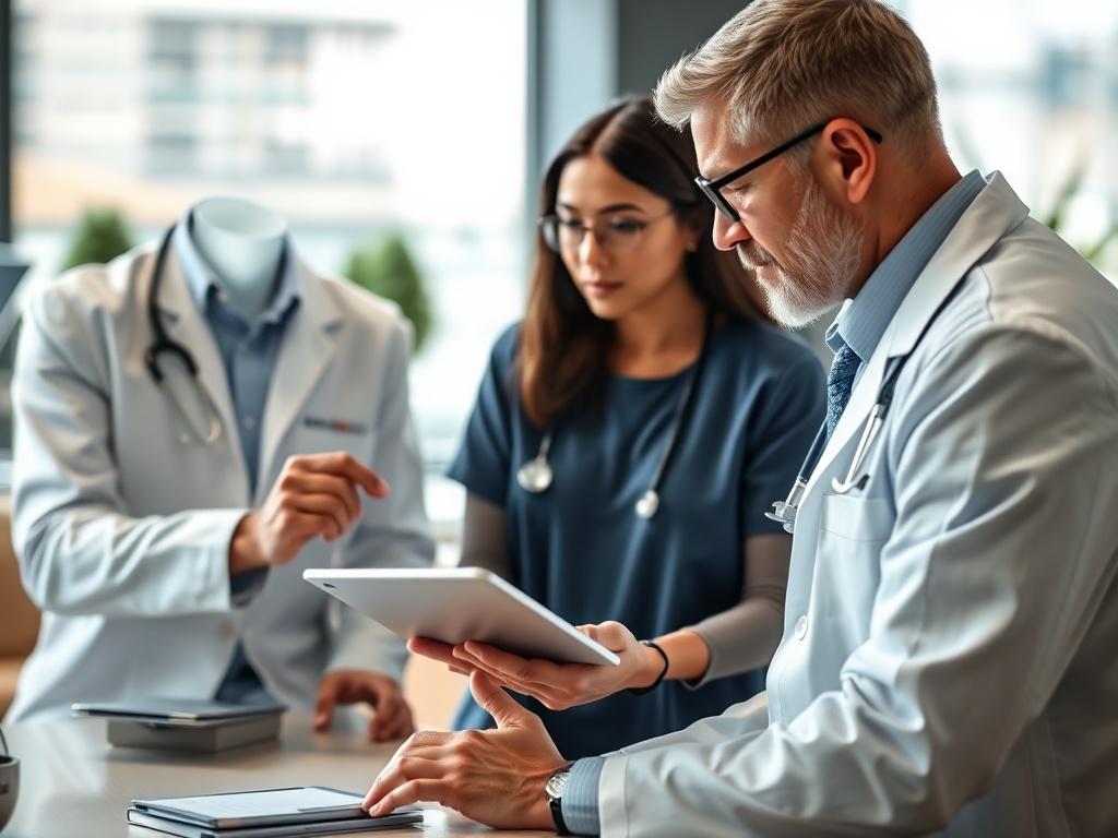 A focused close-up shot of a healthcare consultant discussing growth strategies with a physician in a modern office setting. The consultant is presenting data on a tablet, while the physician listens attentively. The background features soft colors and professional decor, creating an inviting atmosphere for collaboration. The image is captured with a 45mm f/1.2 lens, emphasizing the engagement and professionalism of the consultation.