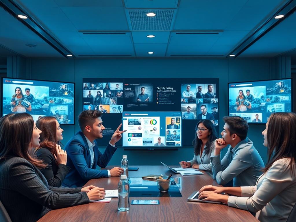 A high-resolution image showcasing a dynamic business meeting in a modern office setting. The focus is on a diverse group of professionals engaged in a brainstorming session, surrounded by digital screens displaying marketing strategies and media visuals. The background features cool tones of rich blues and soft grays, creating a professional and innovative atmosphere. The individuals should be actively collaborating, with gestures of enthusiasm and creativity, as they strategize on launching a brand to new