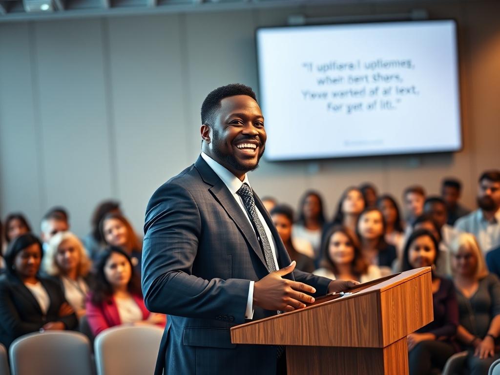 A motivational speaker confidently addressing an engaged audience in a modern conference room. The speaker, a middle-aged Black man in a sharp suit, stands at a podium with a bright smile, gesturing passionately. The audience, diverse in age and background, looks inspired and attentive. The background features a large screen displaying an uplifting quote. The composition is warm and inviting, with soft lighting that enhances the atmosphere of motivation and energy. The color palette aligns with rgb(193, 153