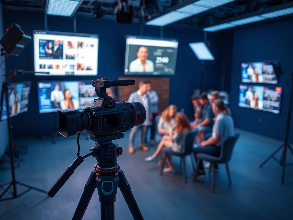 A high-resolution image showcasing a dynamic media production setup. The scene features a modern studio with cool-toned lighting, primarily in shades of rich blues and soft grays. In the foreground, a professional camera is positioned on a tripod, capturing a vibrant video shoot in progress with a diverse group of creative professionals collaborating. The background includes sleek monitors displaying digital designs and marketing analytics, conveying a sense of innovation and teamwork. The overall compositi