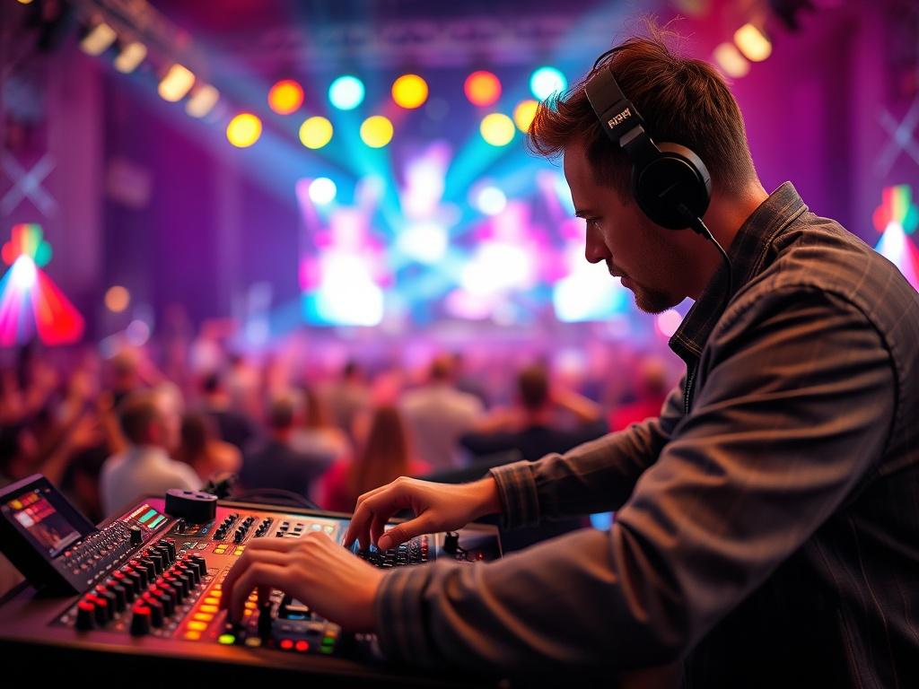 A close-up shot of a sound technician configuring audio equipment at a live event. The technician is focused on adjusting the mixing console with colorful lights in the background, creating a dynamic atmosphere. The background features blurred visuals of a large audience, emphasizing the importance of sound quality. High-resolution, hyper-realistic image captured with a 45mm f/1.2 lens style, showcasing the intricate details of the equipment and the technician's concentration.