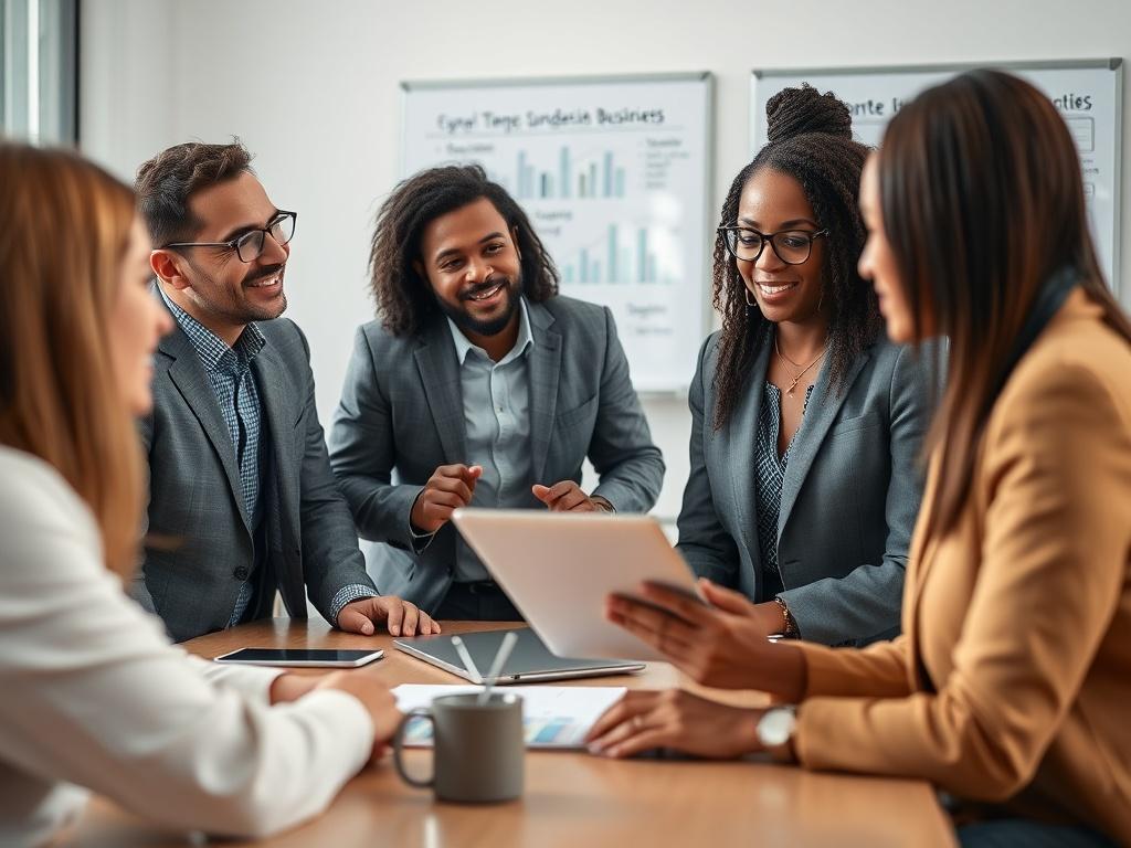 A close-up shot of a diverse group of professionals engaged in a brainstorming session in a modern office environment. The composition focuses on a confident consultant presenting a business plan on a digital tablet to the group. The background features soft-focus elements like a sleek conference table and a whiteboard with strategic notes. The lighting is bright and inviting, creating a professional yet approachable atmosphere. The image should convey collaboration and innovative thinking in business forma