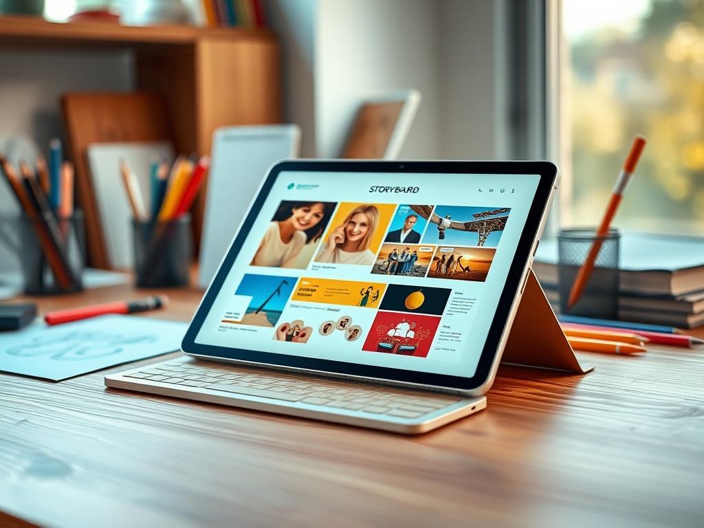 A high-resolution close-up shot of a beautifully designed digital tablet showcasing a vibrant, engaging storyboard on its screen. The tablet is placed on a sleek wooden desk with soft, natural lighting illuminating the scene. In the background, there are hints of creative tools like sketchbooks and colored pens, suggesting a creative workspace. The overall color scheme features warm tones that harmonize with the primary color rgb(193, 153, 87), creating an inviting and inspiring atmosphere.