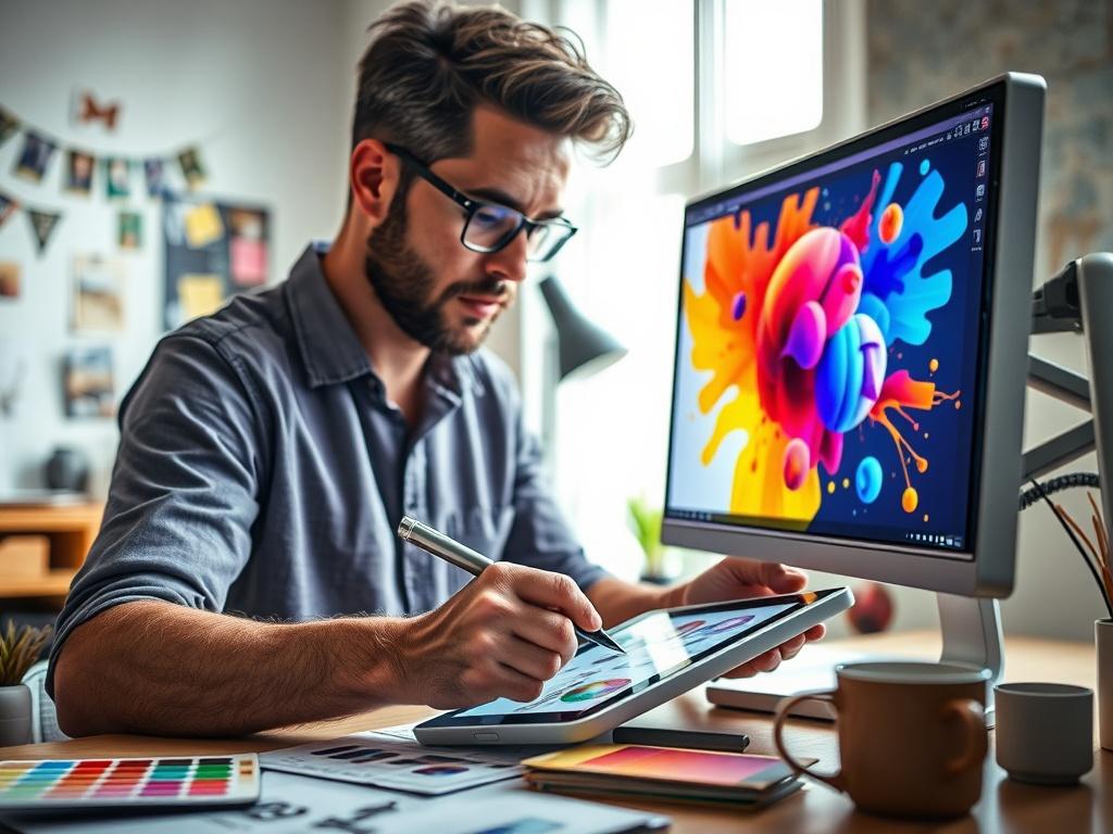 A hyper-realistic close-up shot of a creative graphic designer at work, focused on a vibrant and colorful digital artwork displayed on a high-resolution monitor. The designer, a mid-30s individual, is seen sketching ideas on a tablet with a stylus, surrounded by design tools such as color swatches and a coffee cup. The background features a bright, inspiring workspace with design elements and a soft natural light filtering through the window, emphasizing creativity and branding.