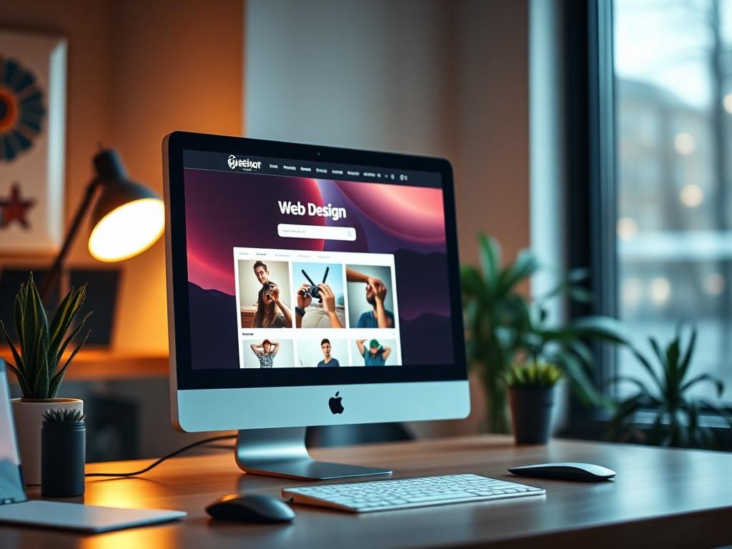 Create a realistic high-resolution photo of a modern workspace featuring a computer displaying a beautifully designed website on the screen. The background should be softly blurred to keep the focus on the website. The lighting should be warm and inviting, emphasizing the creativity and professionalism of web design. The color scheme should align with rgb(193, 153, 87) to reflect the brand's aesthetic.