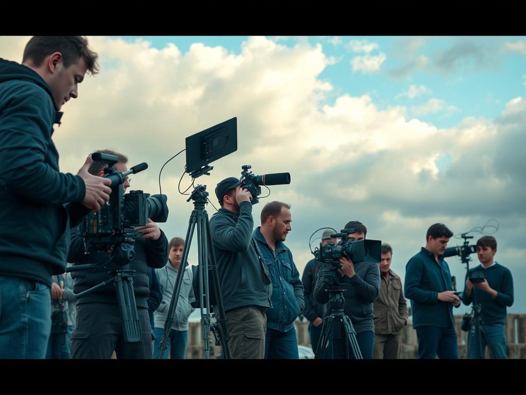 A high-resolution photo of a professional video production team filming on location. The scene shows a diverse group of crew members working together, with a camera operator adjusting the camera, a director giving instructions, and a sound technician setting up equipment. They are surrounded by natural outdoor lighting, with rich blue skies and soft gray clouds in the background. The environment feels dynamic and collaborative, showcasing the process of creativity in action.