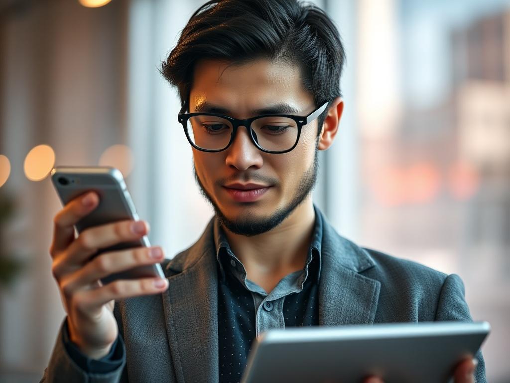 A hyper-realistic close-up shot of a professional communicator holding a smartphone in one hand and a tablet in the other, with a focused expression, symbolizing effective strategic communications. The background features soft, blurred colors that evoke a sense of creativity and professionalism, complemented by a warm ambient light. The overall composition should convey a sense of action and purpose, emphasizing the individual’s engagement in crafting messages that resonate.