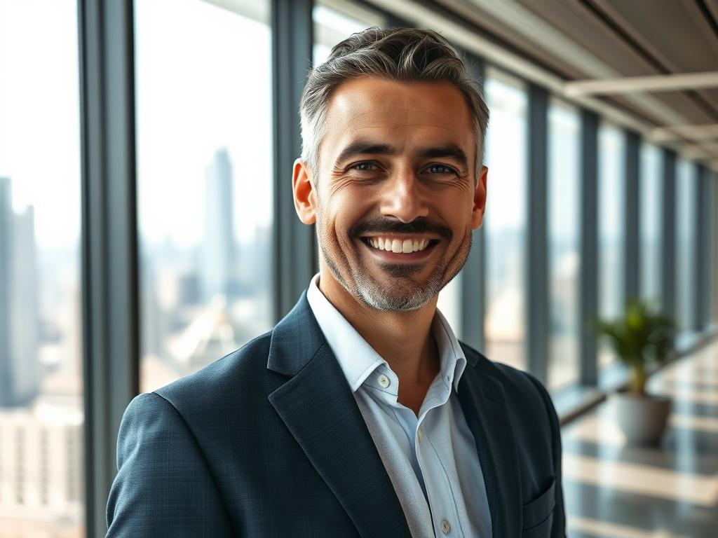 A close-up shot of a confident corporate leader standing in a modern, sleek office environment. The leader is in professional attire, exuding authority and charisma. The background features large windows with a city skyline view, allowing natural light to illuminate the scene. The focus is on the leader's face, showcasing a warm smile and approachable demeanor. The color palette complements the primary color rgb(193, 153, 87), creating a harmonious and professional atmosphere.