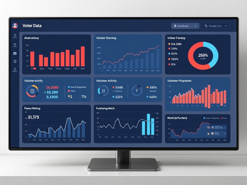 Campaign command center dashboard displaying real-time voter sentiment trends, ward-by-ward performance, volunteer activities, social media engagement, fundraising progress, opposition monitoring, media coverage, and field reports