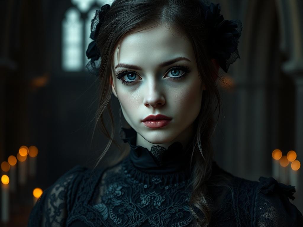 A stunning gothic art portrait featuring a lone figure in a dark, moody setting. The subject is a young woman with pale skin, dramatic makeup, and intricate gothic attire, adorned with lace and dark velvet. Her expression is enigmatic, conveying a sense of mystery. The background is softly blurred, with hints of gothic architecture and candlelight, creating an atmospheric ambiance. The image should be hyper-realistic, focusing on the details of the subject's face and clothing, shot with a 45mm f/1.2 lens.