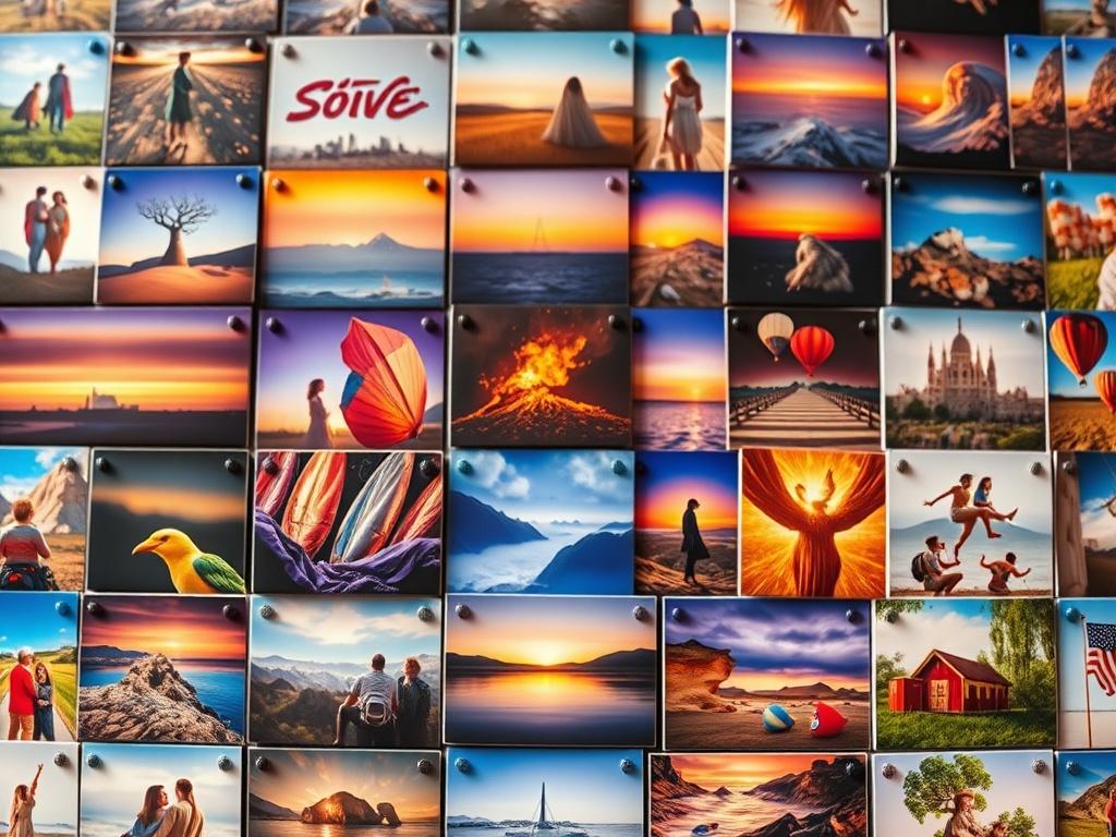 Create a hyper-realistic close-up shot of a beautifully arranged collection of 100 vibrant images displayed in a visually appealing manner. Each image should be uniquely styled, showcasing various artistic themes and colors. The background should be neutral to emphasize the images, allowing the vibrant colors to stand out. Ensure the lighting is soft yet illuminating, highlighting the textures and details of each image, captured with a 45mm f/1.2 lens.