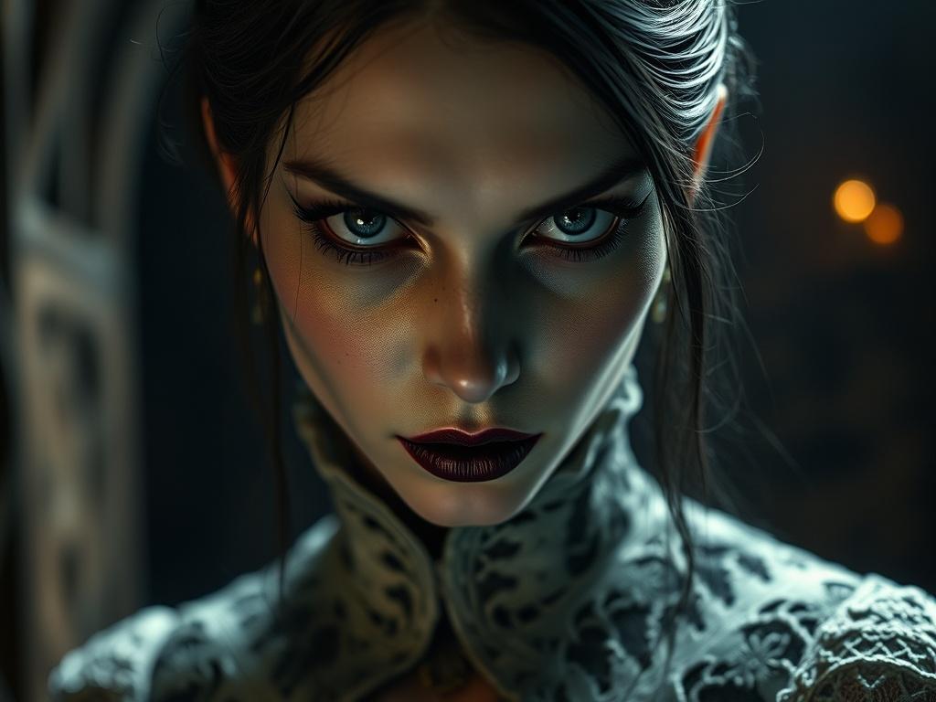 A close-up shot of a hauntingly beautiful portrait that embodies Gothic art style, featuring a mysterious figure with pale skin, dramatic dark makeup, and intricate lace clothing. The background is a blurred, dimly lit medieval setting that enhances the atmosphere. The figure gazes directly at the viewer with an intense expression, capturing the essence of Gothic elegance and mystique. The lighting is soft, casting shadows that accentuate the features of the face, creating a captivating and eerie effect.