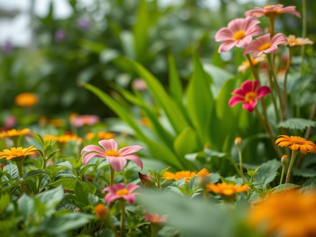 A close-up shot of a serene natural landscape featuring lush greenery and vibrant flowers, with a soft-focus background, shot with a 45mm f/1.2 lens style, showcasing the intricate details of the plants and the tranquil atmosphere.