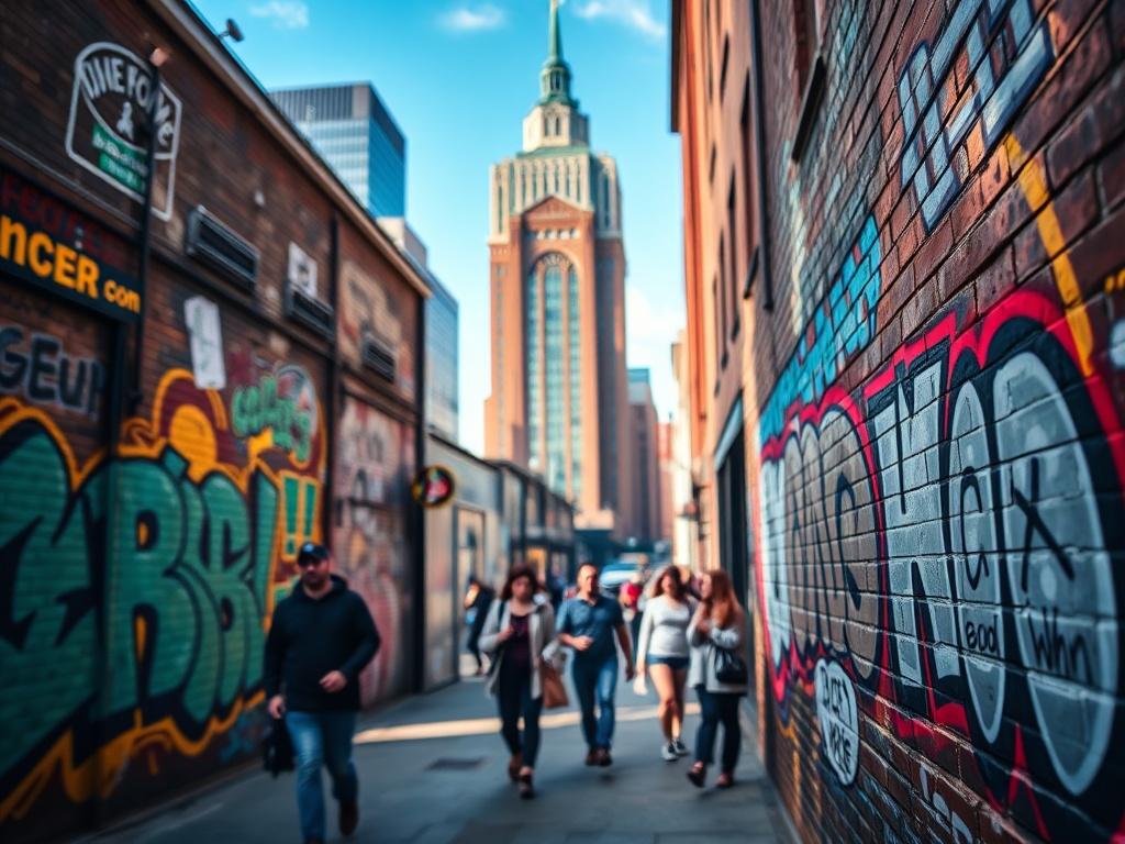 A hyper-realistic close-up of a bustling city street, showcasing vibrant street art on a brick wall, with people walking and city buildings in the background. The composition should focus on the energy and colors of urban life, emphasizing the interplay of light and shadow. The rgb(29, 198, 181) color should be integrated into the scene.