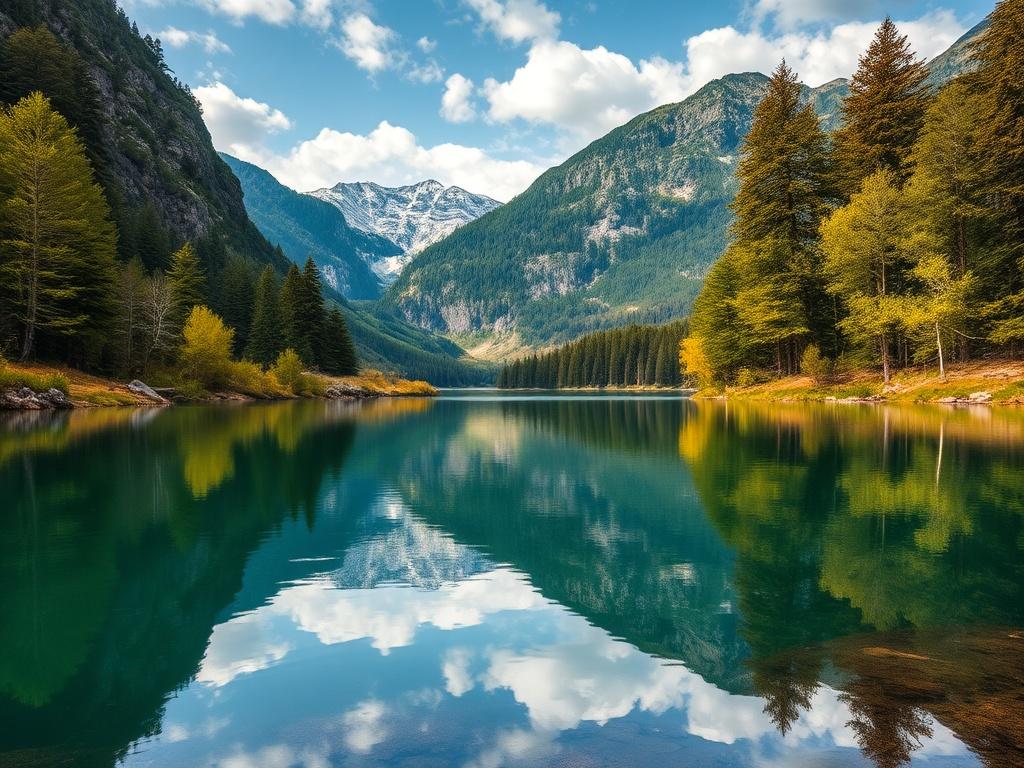 A close-up shot of a serene landscape, featuring a tranquil lake surrounded by lush greenery and mountains in the background. The image should be hyper-realistic, capturing the vibrant colors of nature. The focus should be on the stillness of the water reflecting the sky and trees, with a simple and clear composition. Use the rgb(29, 198, 181) color as a dominant tone in the scene.
