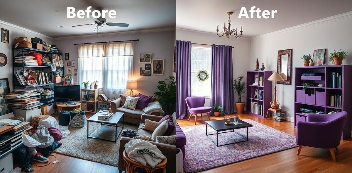 Before and after transformation showing cluttered room becoming beautifully organized