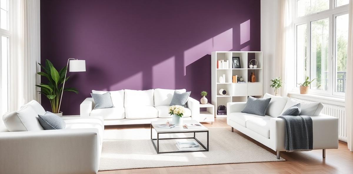 Beautiful modern living room with purple accents, professionally cleaned and organized