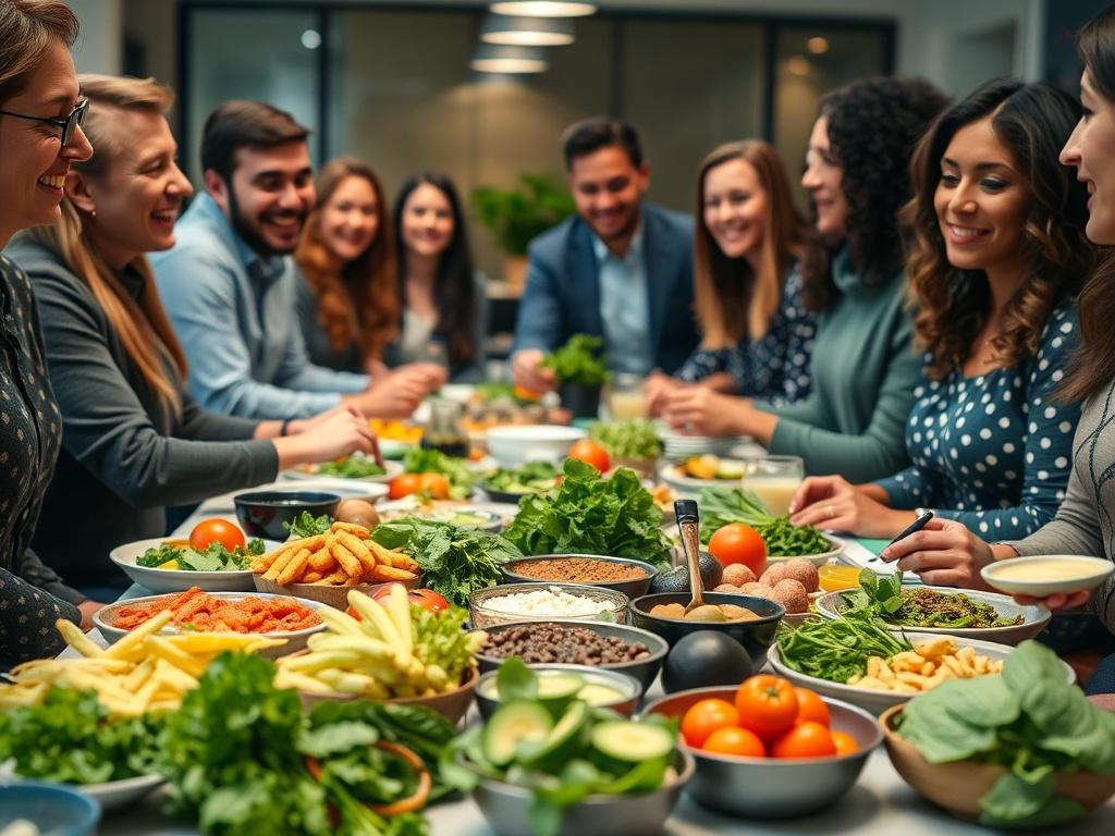 A vibrant scene of a group of employees participating in