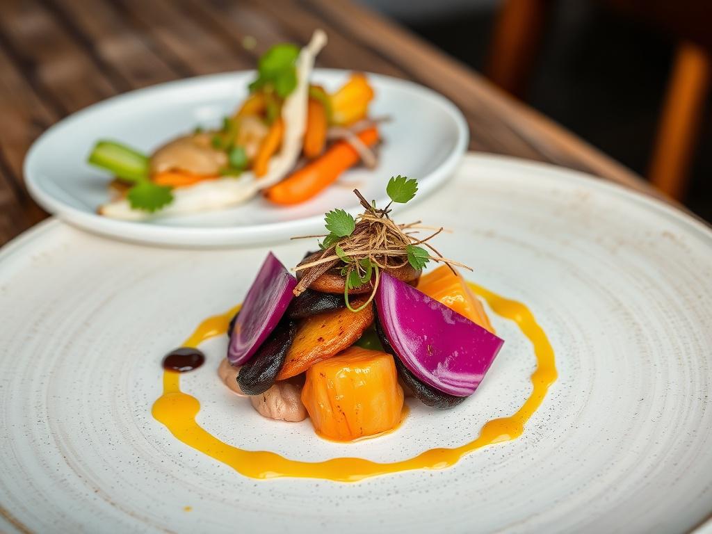 A close up shot of a beautifully plated gourmet dish,