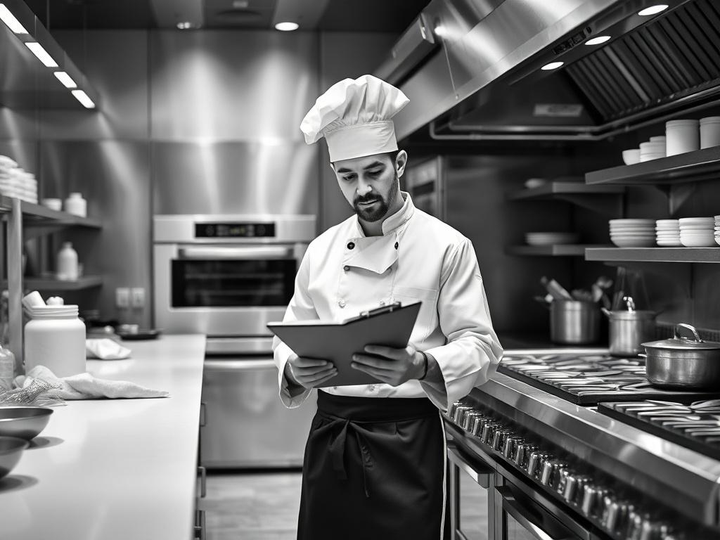 A high-resolution black and white image of a modern kitchen with a professional chef analyzing workflows. The chef is focused on a clipboard, surrounded by kitchen equipment such as ovens, stovetops, and food preparation areas. The background is clean and organized, emphasizing a well-structured working environment. The overall composition highlights efficiency and professionalism in the culinary space.
