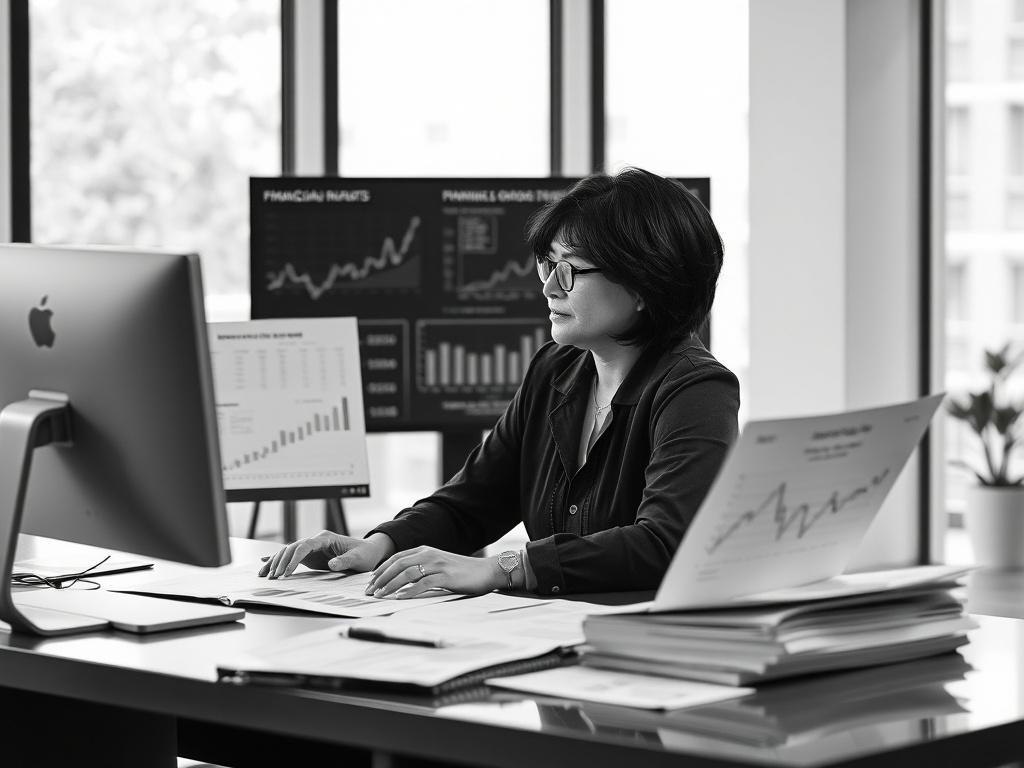 A high-resolution black and white image of a financial analyst working at a desk, surrounded by financial reports and graphs. The analyst, a middle-aged woman with short black hair, is focused on her computer screen, analyzing data. The background features a modern office environment with large windows allowing natural light to filter in. The overall composition is simple and clear, emphasizing the analyst as the main subject.