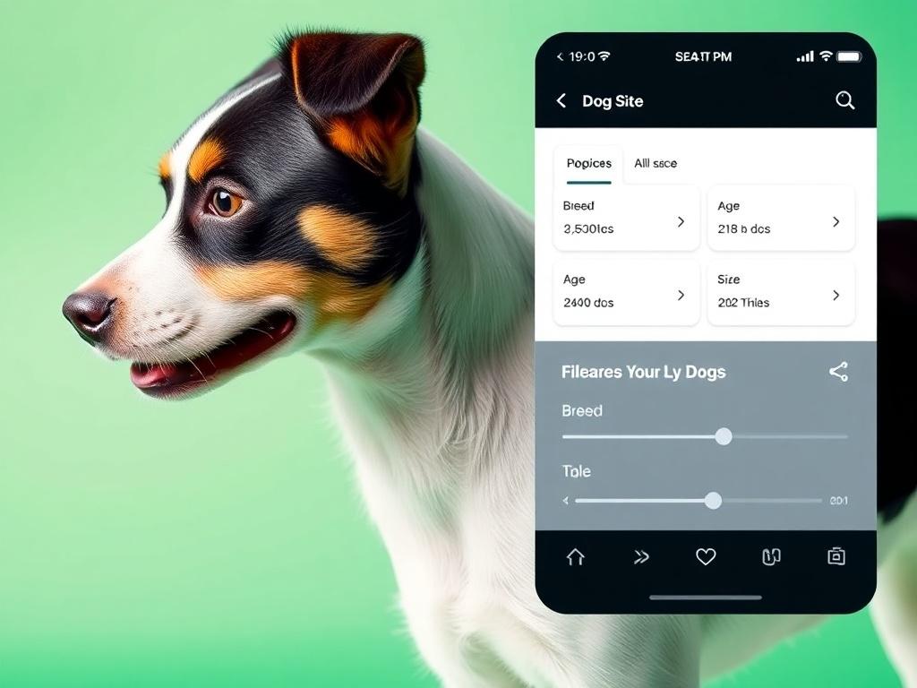 A simple, mobile-friendly design showcasing a user interface with search and filter options for dog listings. The image should depict a clear layout with breed, age, and size filters, highlighting how users can easily find their ideal dog. The background should be bright and engaging, emphasizing user-friendliness.