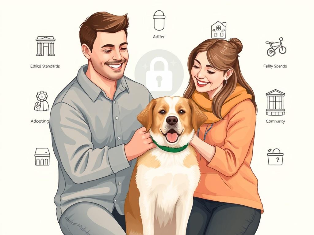 An illustration of a happy family adopting a dog with