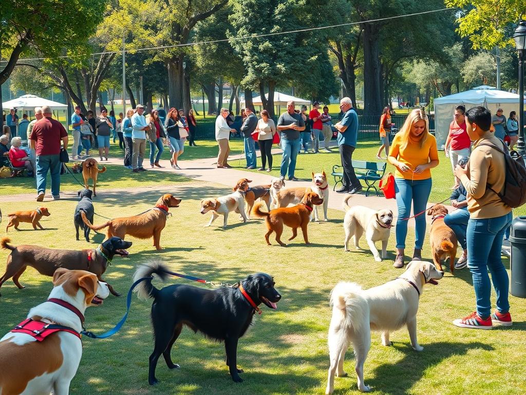 A vibrant community event featuring dog lovers interacting with each