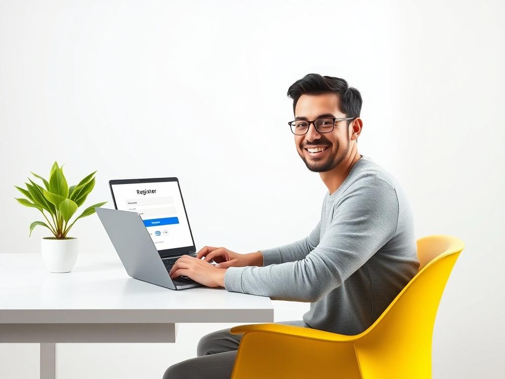 A person sitting at a desk, smiling while using a