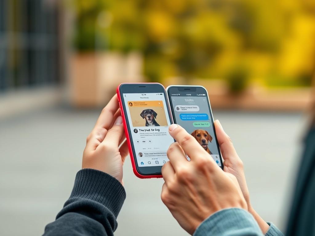 A close up of two hands holding smartphones, engaged in