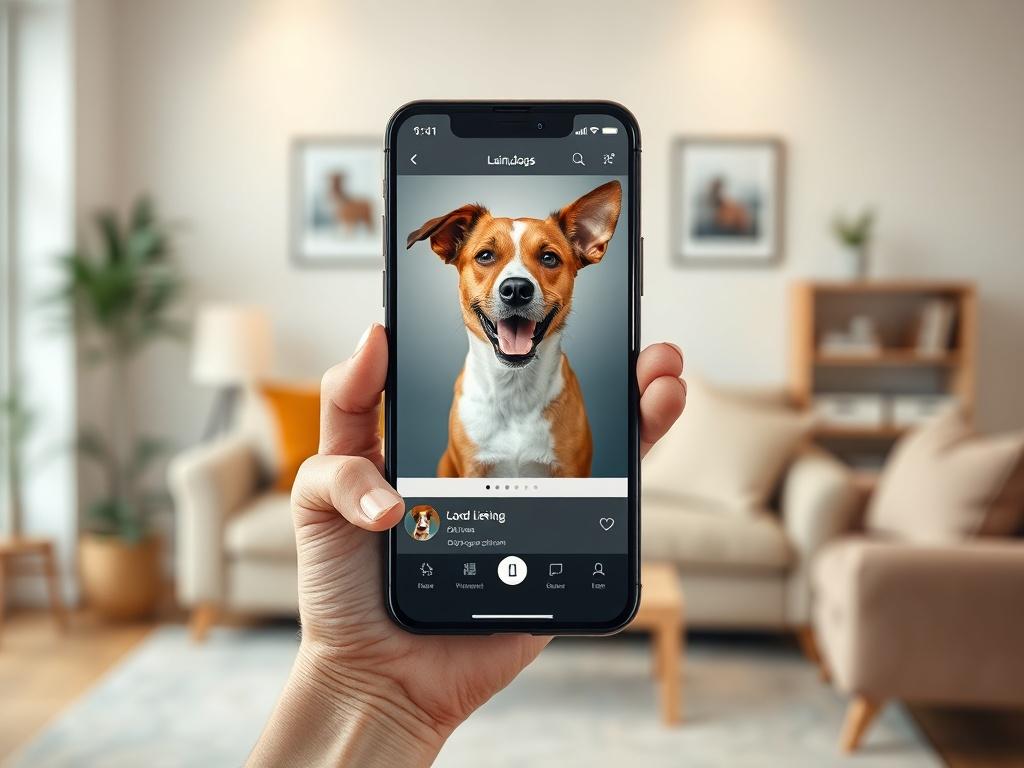 A smartphone displaying a dog listing on a website, with