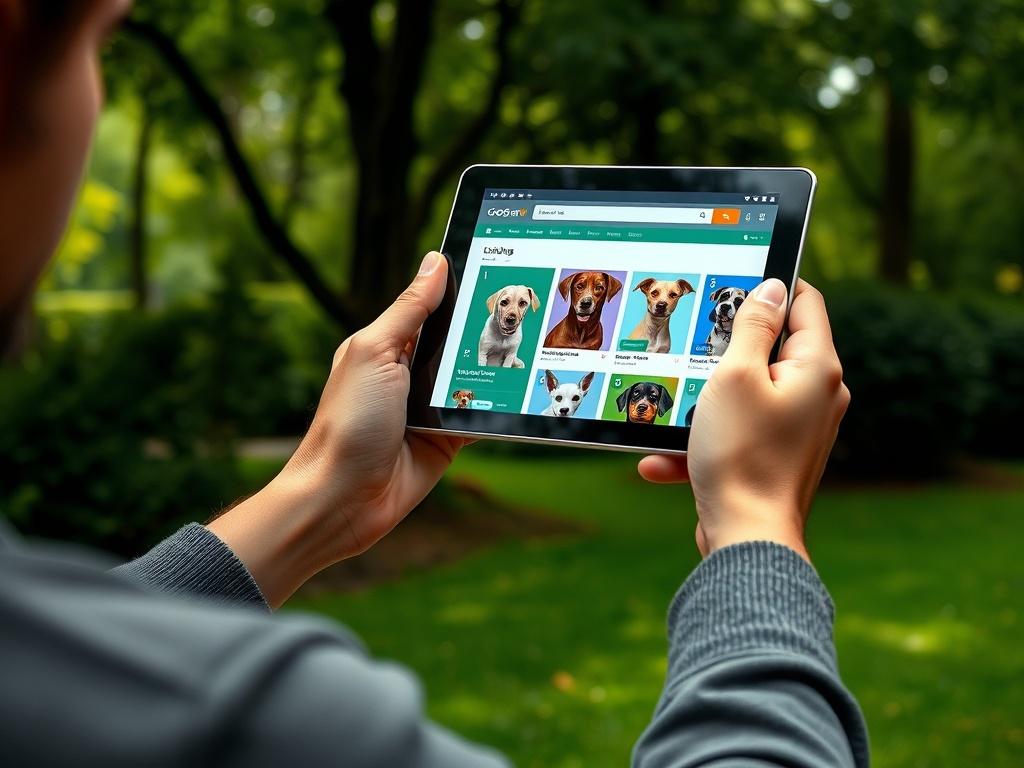 A person excitedly browsing on a tablet, showcasing various dog