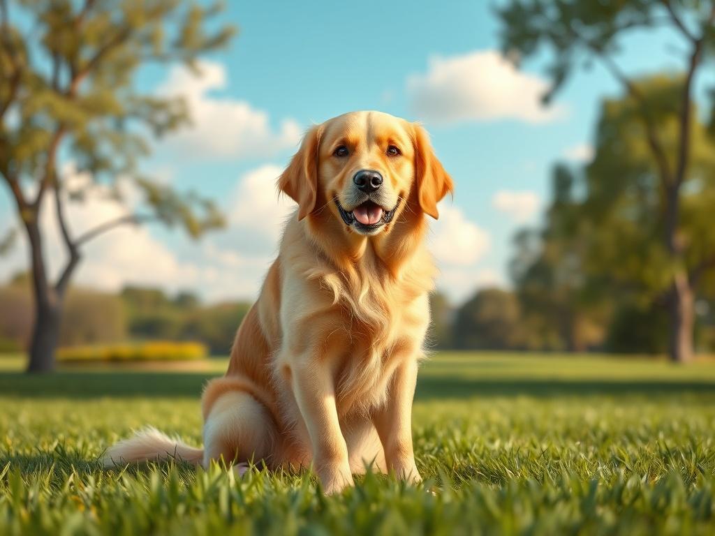 Create a realistic high-resolution photo featuring a single beautiful Golden Retriever sitting proudly in a lush green park setting. The dog should be the focal point of the composition, capturing its friendly and intelligent expression, showcasing its shiny golden coat and playful demeanor. Position the dog slightly off-center to create a balanced composition, allowing room for the background. 

In the background, depict a clean, sunny day with soft blue skies and fluffy white clouds. The park should featu