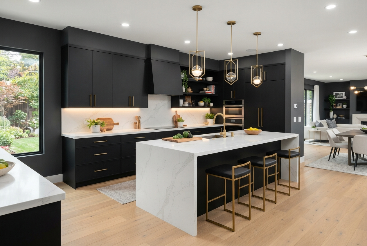 Luxury kitchen remodel with matte black cabinetry, gold hardware, and quartz waterfall island