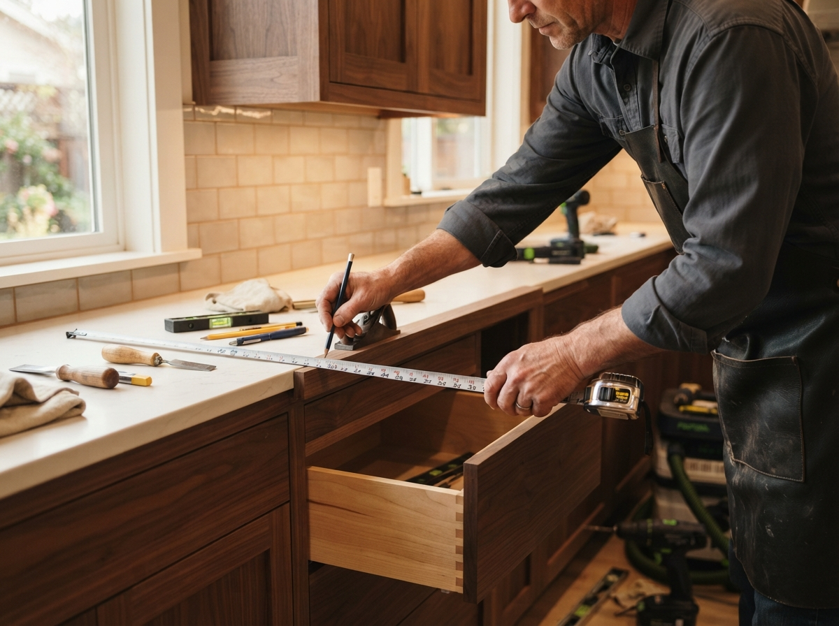Craftsman measuring and finishing custom cabinetry during a Crown Remodeling project