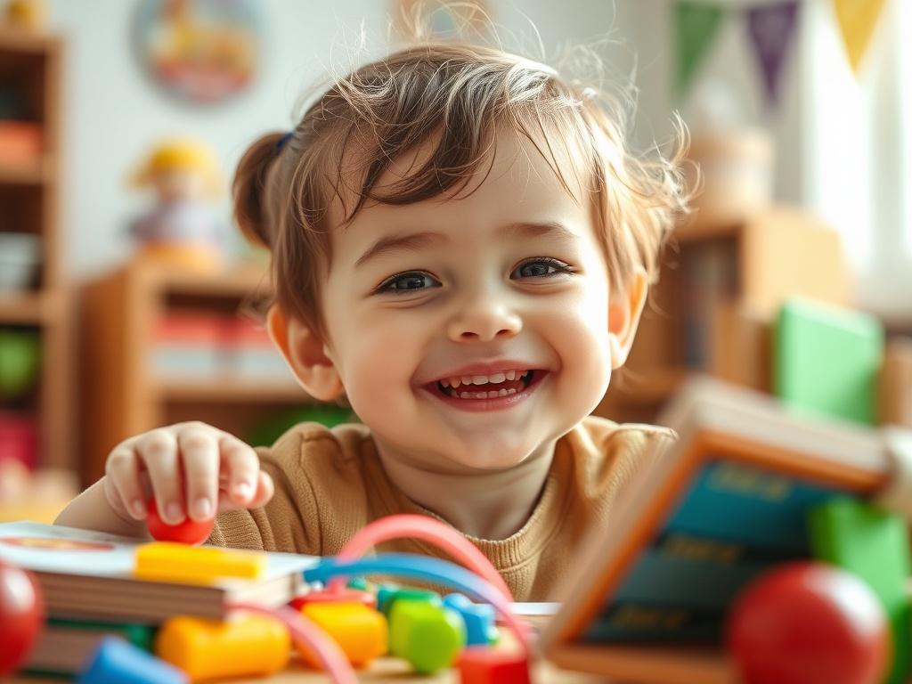A hyper-realistic close-up shot of a smiling young child engaged in a fun learning activity at a preschool setting. The child is surrounded by colorful educational toys and books. Soft natural light illuminates the scene, highlighting the child's expression of joy and curiosity. The background is softly blurred to keep the focus on the child, capturing the essence of early childhood education.