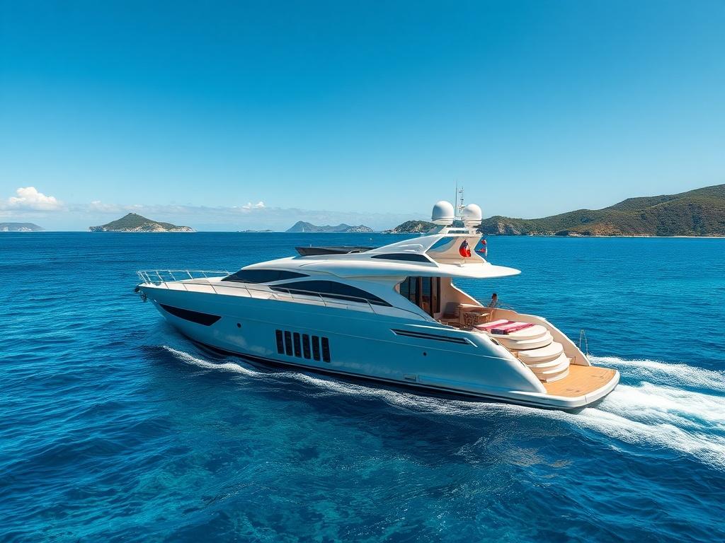 A luxurious yacht sailing on crystal-clear blue waters under a bright blue sky. The yacht should be sleek and modern, showcasing elegant design elements like a spacious deck with sun loungers and an inviting lounge area. In the background, depict a picturesque coastline with lush greenery and a few distant islands. The focus should be on the yacht as the main subject, with a serene and relaxing atmosphere surrounding it.
