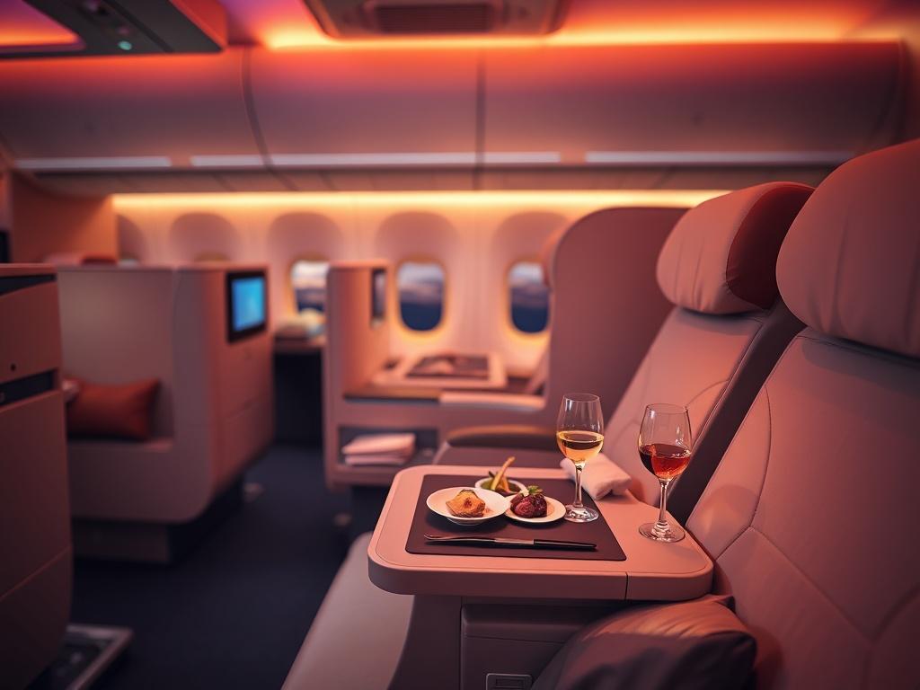 A luxurious business class airplane seat with plush seating, a sleek cabin interior, and ambient lighting. The focus is on the seat with a small tray table displaying gourmet food and a fine wine glass. The background showcases a panoramic view of the airplane cabin, hinting at a spacious and elegant atmosphere, captured in high resolution with a soft bokeh effect to emphasize the comfort and luxury of the travel experience.